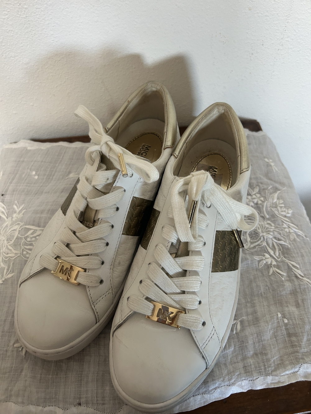 Michael Kors White Sneakers with Gold MK Accents